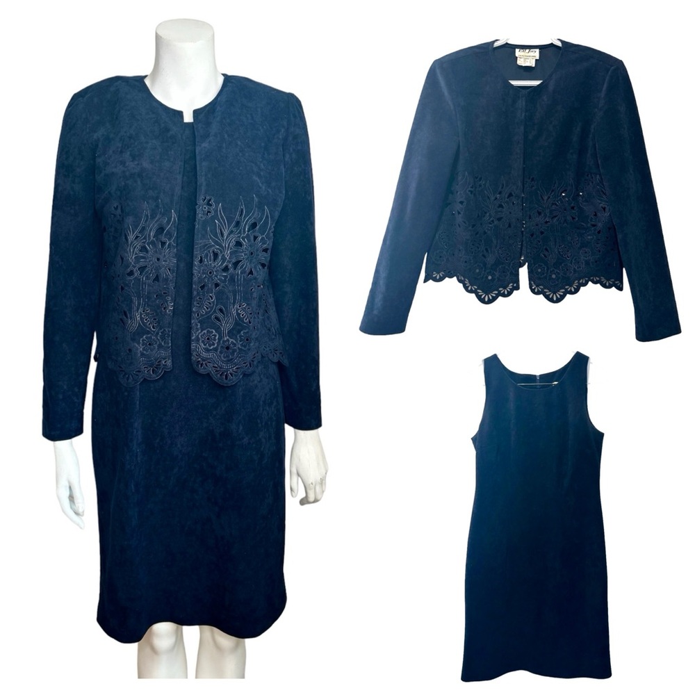 Vintage 90s Sueded Velour Shift Dress Laser Cut Jacket Set Blue Stonewash S 6